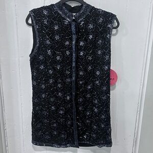 Judith Ann Creations Vintage Beaded Floral Lace Black Evening Vest Sample tag S